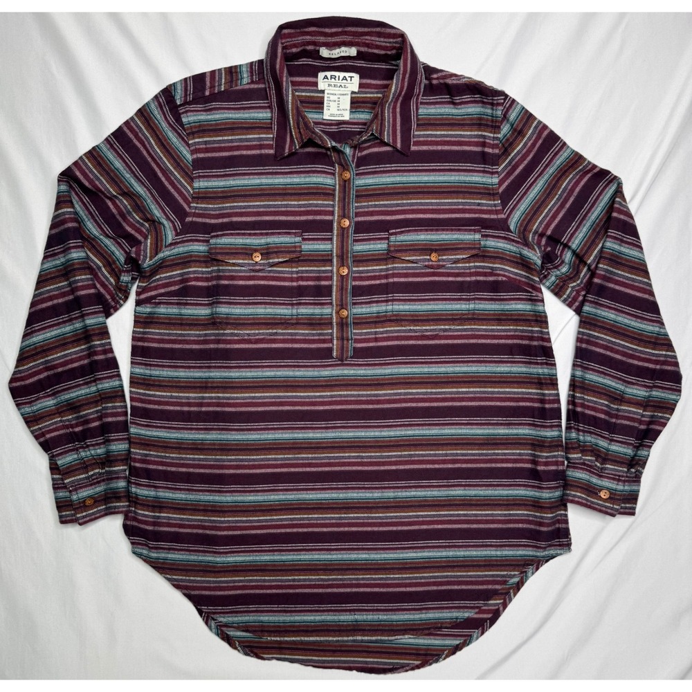Ariat Real Billie Jean Popover‎ Shirt Womens Medium Striped Flannel Western